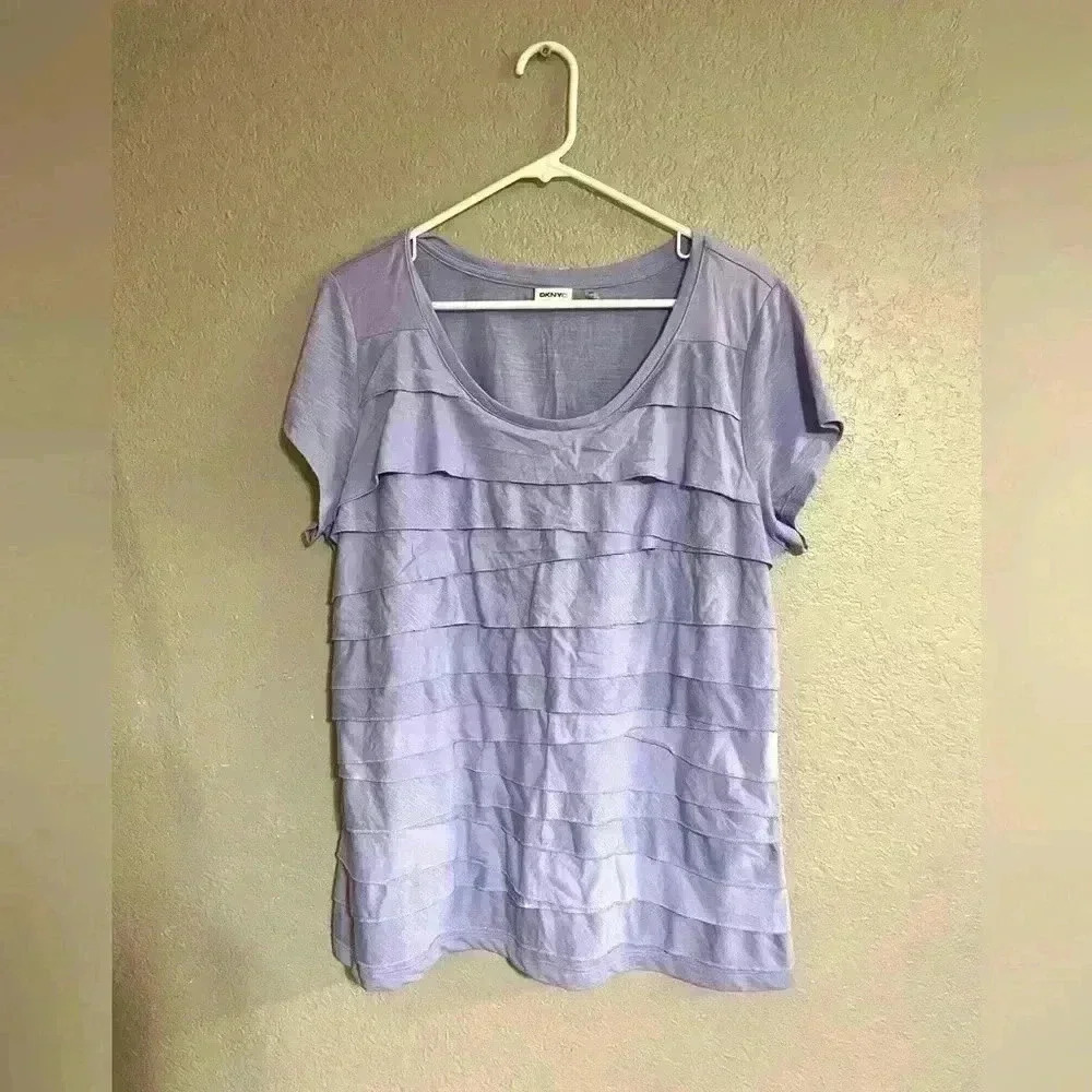 Ladies' DKNY Short Sleeve Purple Scoop Neck‎ Ruffled Shirt Top Size 2X